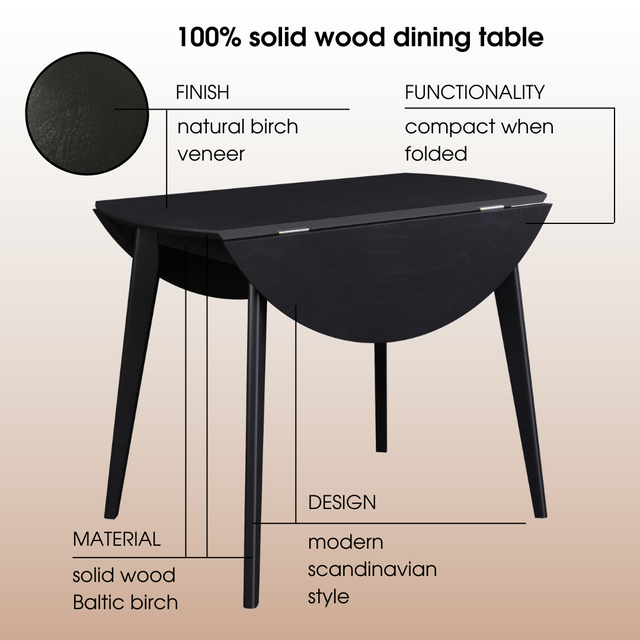 Dining Table 'Orion Classic Drop Leaf' 100х(51-100) cm, Black